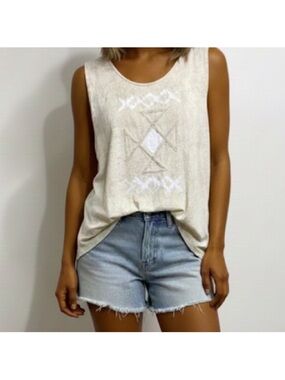 Vans Boho Graphic Knit High Low Split Back Tank Top Cream Size Small